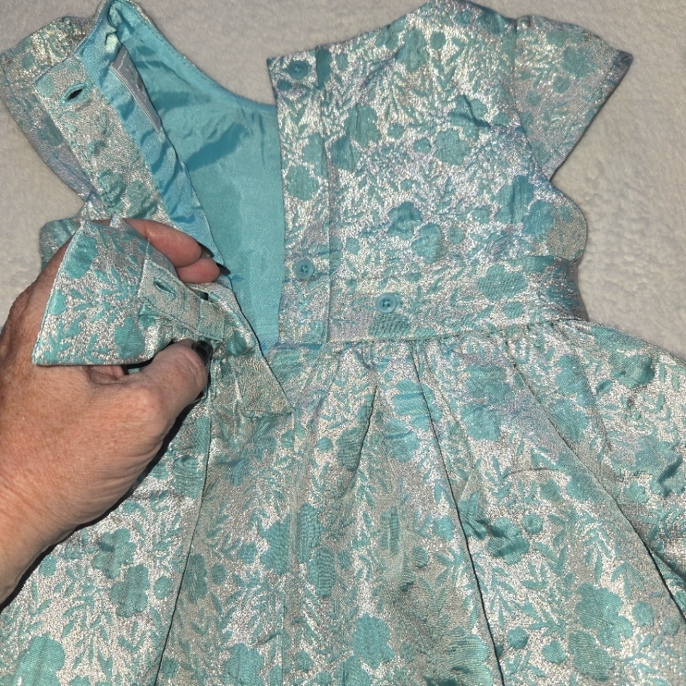 Gymboree Teal N Silver 18-24M Brocade Flowers Beautiful PARTY DRESS - Picture 9 of 12